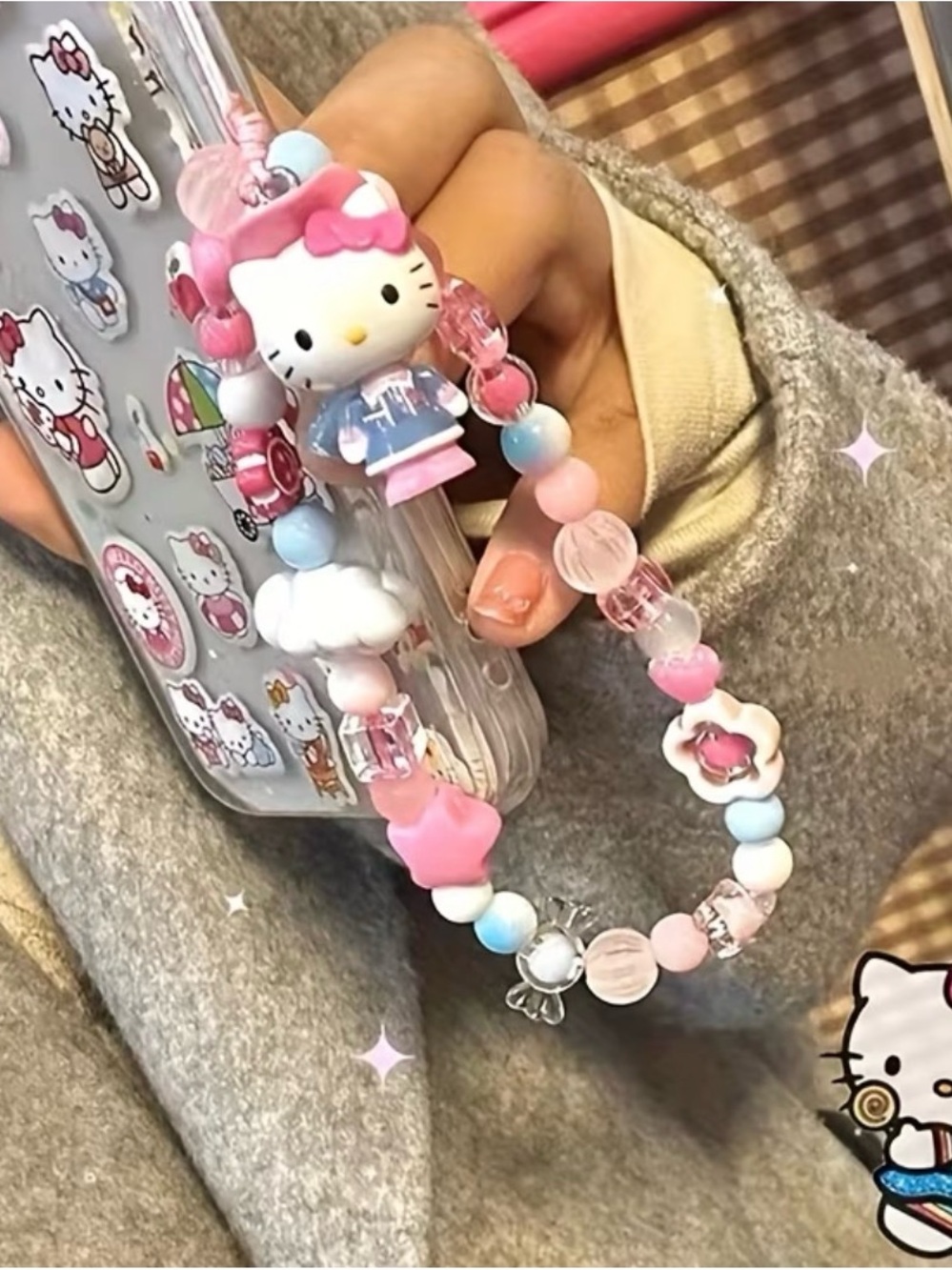 Hello Kitty Pink White and Blue Beaded Charm Necklace